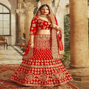  Red Velvet Bridal Lehenga Choli With Dupatta