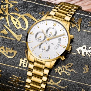 NIBOSI Mens Chronograph Quartz Wristwatch Golden-4053